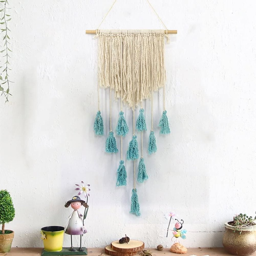 ✨ Boho Macrame Fiber Art Wall Hanging Beige & Blue